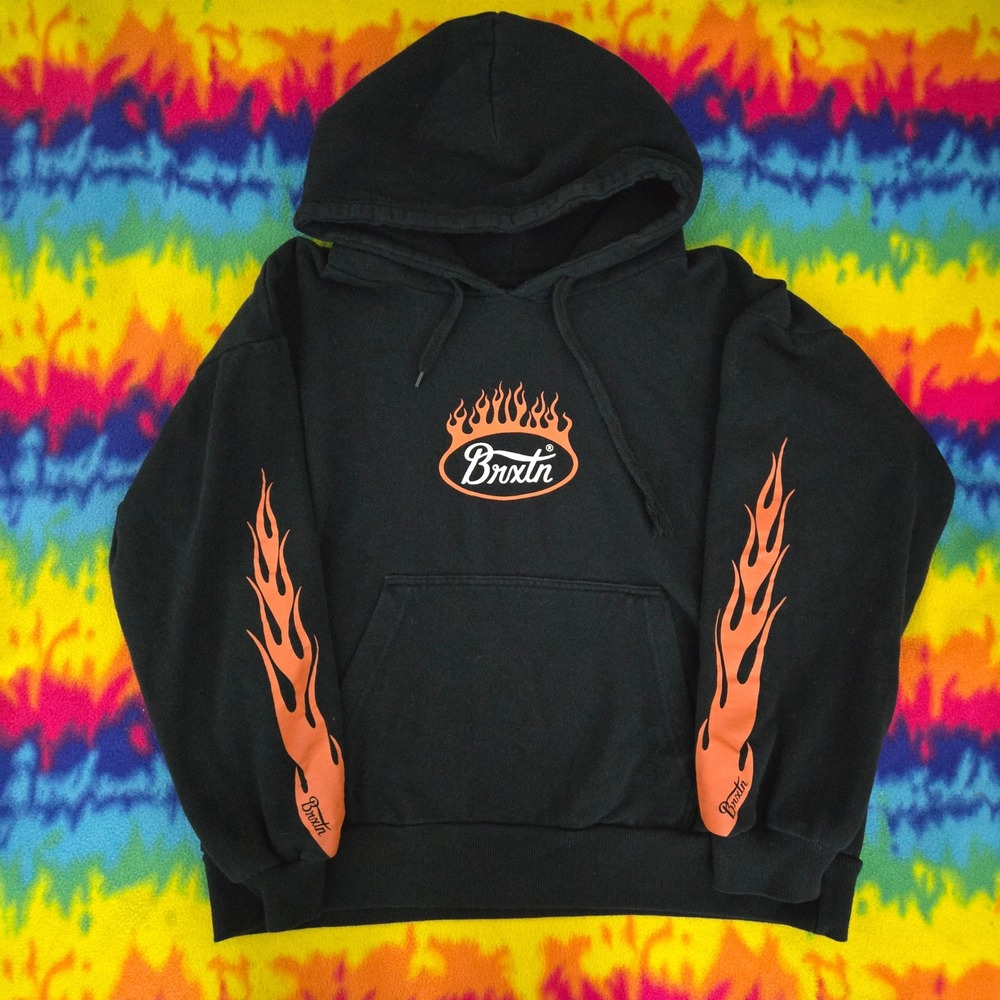 Y2K Brixton Flame Logo Hoodie Black Orange Graphic Sweatshirt Mens XL